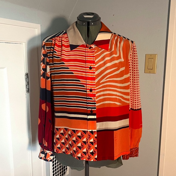 Tory Burch Silk Patchwork Branded Blouse Size 14 $385 - Picture 1 of 16